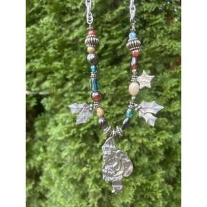 Vintage 14" Santa and Glass Bead Pewter Necklace By Marcie USA Christmas Jewelry